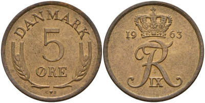 Дания 5 эре 1963 C; S, Фредерик IX (1947-1972) KM 848.1 бронза 4150-912