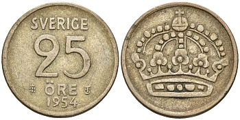 Швеция 25 эре 1954 TS, Густав VI Адольф (1950-1973) KM 824 серебро 4147-1039