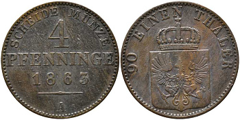 Пруссия 4 пфеннига 1863 А, Вильгельм I (1861-1888) KM 483, Olding 423, Jaeger 53, AKS 105 медь 4448-1154