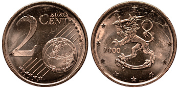 ФИНЛЯНДИЯ 2 ЕВРОЦЕНТА 2000 KM 99 сталь плакированная медью UNC 4181-465