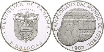 Панама 5 бальбоа 1982 чемпионат мира по футболу в Испании 1982 года, мяч на фоне глобуса KM 77 серебро PROOF 01-148-11