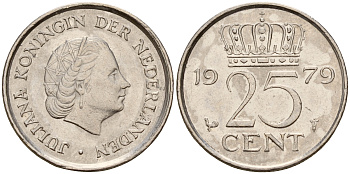Нидерланды 25 центов 1979 Юлиана (1949-1980) KM 183 никель    4189-166