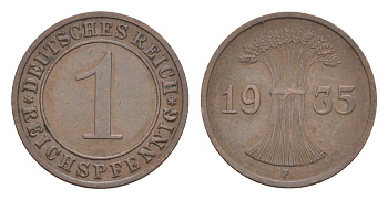 Германия 1 рейхспфенниг 1935 F KM 37, J. 313 бронза 4644-1052