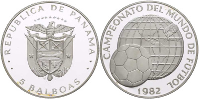 Панама 5 бальбоа 1982 чемпионат мира по футболу в Испании 1982 года, мяч на фоне глобуса KM 77 серебро PROOF 01-148-11
