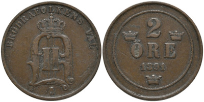 Швеция 2 эре 1891 Оскар II (1872-1907) король Швеции и Норвегии KM 746 бронза 57-557