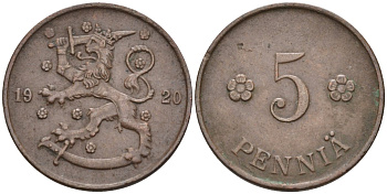 Финляндия 5 пенни 1920 KM 22 медь 96-236