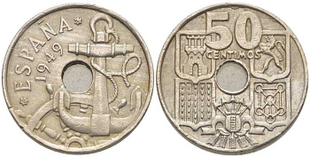 ИСПАНИЯ 50 СЕНТИМО 1949 (62) ФРАНСИСКО ФРАНКО ДИКТАТОР ИСПАНИИ (1939-1975), МОРСКАЯ АТРИБУТИКА KM 777 медно-никель 116-1047