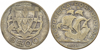 Португалия 5 эскудо 1934 KM 581 серебро 3718-614