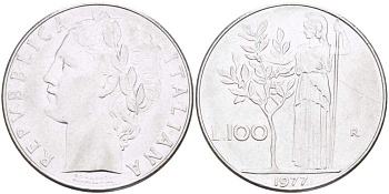 ИТАЛИЯ 100 ЛИР 1977 R, АФИНА KM 96.1 нержавеющая сталь 4526-332