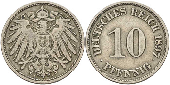 Германия 10 пфеннигов 1897 A KM 12, J. 13 медно-никель 4401-1016