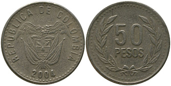 Колумбия 50 песо 2004 KM 283.2 никель латунь 4538-1035