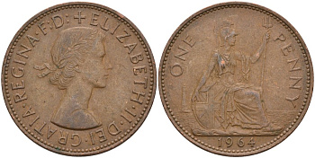 Великобритания 1 пенни 1964 Елизавета II (1952-2022) KM 897, Spink 4157 бронза 4574-231