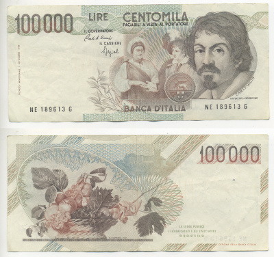 Италия 100000 лир 1983 Караваджо, фруктовый букет, подпись Speziali Pick 110b бумага 7220-17-2