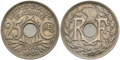 Франция 25 сантимов 1930 KM 867a, Le Franc 171.7 медно-никель 4143-442