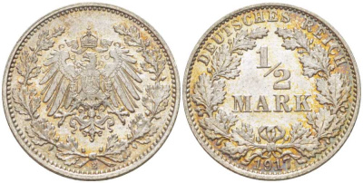 Германия 1/2 марки 1917 Е KM 17, J. 16 серебро UNC 08-546