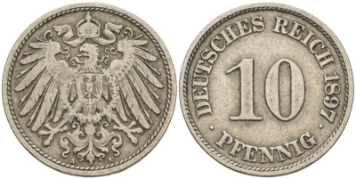 Германия 10 пфеннигов 1897 A KM 12, J. 13 медно-никель 4401-1016