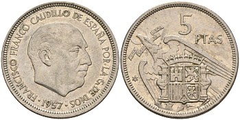 Испания 5 песет 1957 (71) Франсиско Франко (1939 - 1975) KM 786 медно-никель 4155-553
