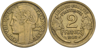 Франция 2 франка 1939 тип Morlon KM 886, Le Franc 268.12 алюминиевая бронза 4116-1153