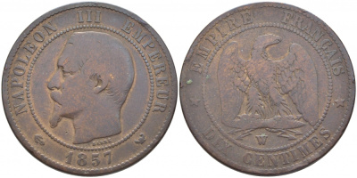 Франция 10 сантимов 1857 W, Наполеон III (1852-1870) KM 771.7, Le Franc 133.44 бронза 3460-914