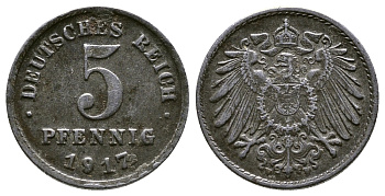 ГЕРМАНИЯ 5 ПФЕННИГОВ 1917 F KM 19, J. 297 железо 4380-146