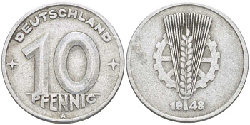 ГДР 10 ПФЕННИГОВ 1948 A KM 3 алюминий 212-846