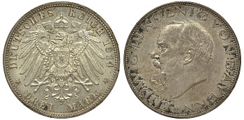 Бавария 3 марки 1914 D, Людвиг III (1913-1918) Weege 52, J. 52, KM 520 серебро 413-5713