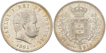Португалия 500 реалов 1891 Карлуш I (1889-1908) KM 535 серебро 413-224