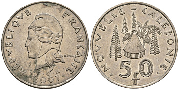 Французская Новая Каледония 50 франков 2007 хижина среди сосен и пальм, (IEOM) KM 13a, Schoen 15a, Lec 128i медно-никель 4111-235