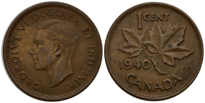 Канада 1 цент 1940 Георг VI (1937-1952), кленовый лист KM 32 бронза 4602-825