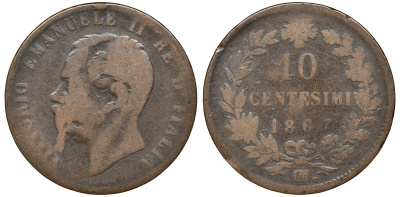 Италия 10 чентезимо 1867 OM, Виктор Эммануил II (1861-1878) KM 11.5 медь 4162-214