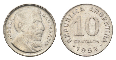Аргентина 10 сентаво 1952 генерал Хосе де Сан Мартин KM 47 медно-никель 4664-549