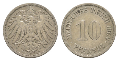 Германия 10 пфеннигов 1902 A, Вильгельм II (1888-1918) KM 12, J. 13 медно-никель 4644-1156