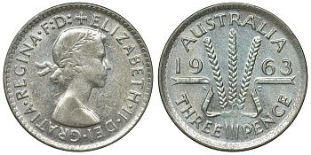 Австралия 3 пенса 1963 m, Елизавета II (1952-2022) KM 57 серебро 71-845