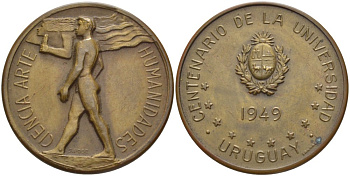 УРУГВАЙ МЕДАЛЬ 1949 100 ЛЕТ РЕСПУБЛИКАНСКОМУ УНИВЕРСИТЕТУ В МОНТЕВИДЕО (1849-1949), НАУКА, ИСКУССТВО, ГУМАНИТАРНЫЕ НАУКИ, МЕДАЛЬЕР S. POSE, ДИАМЕТР 36 ММ. бронза 1087-4-13