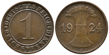 ГЕРМАНИЯ 1 РЕЙХСПФЕННИГ 1924 J KM 37, J. 313 бронза 39-844