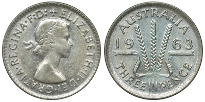 Австралия 3 пенса 1963 m, Елизавета II (1952-2022) KM 57 серебро 71-845