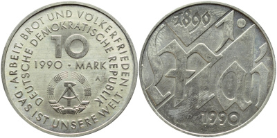 ГДР 10 марок 1990 A, 100 летие празднования 1 мая KM 136, J. 1637 медно-никель UNC 4394-325