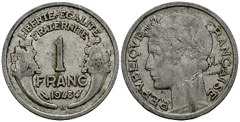 Франция 1 франк 1948 B, Тип Morlon KM 885a алюминий 4135-745