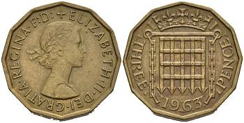 Великобритания 3 пенса 1963 Елизавета II (1952-2022) KM 900, Spink 4153 никель латунь 4561-1034