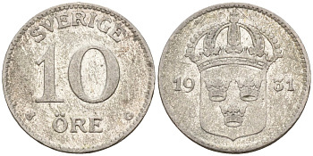 Швеция 10 эре 1931 G, Густав V (1907-1950) KM 780 серебро 4147-835