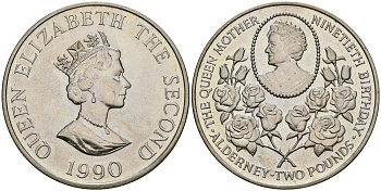 Олдерни 2 фунта 1990 90 лет со дня рождения Королевы Матери KM 2 медно-никель 118-331