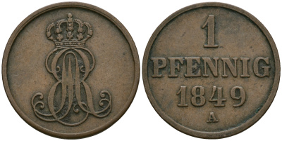 Ганновер 1 пфенниг 1849 A, Эрнст Август (1837-1851) KM 201.2, AKS 130, J. 74 медь 4608-1051