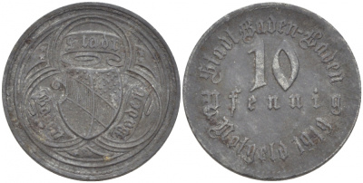 БАДЕН-БАДЕН 10 ПФЕННИГОВ 1919 НОТГЕЛЬД цинк 3856-1016