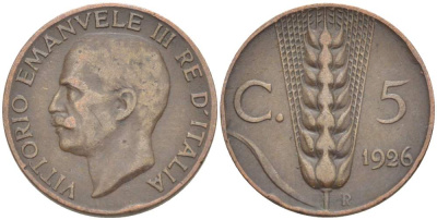 ИТАЛИЯ 5 ЧЕНТЕЗИМО 1926 R, МОНДВОР РИМ, ВИКТОР ЭММАНУИЛ III (1900-1946) KM 59 медь 4525-143