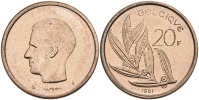 Бельгия 20 франков 1981 Belgique, Бодуэн I (1951-1993) KM 159 никель бронза UNC 4561-223
