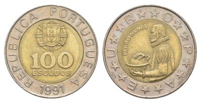 Португалия 100 эскудо 1991 Педру Нуниш (1502-1578), математик KM 645 биметалл 4388-822