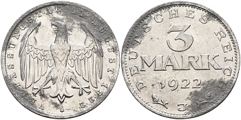 Германия 3 марки 1922 J, третья годовщина Веймарской Конституции KM 29 J. 303 алюминий    4149-414