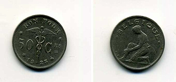 БЕЛЬГИЯ 50 САНТИМОВ 1923 BELGIQUE KM 87 никель 37-269