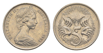 Австралия 5 центов 1983 Елизавета II (1952-2022) молодой портрет, ехидна KM 64 медно-никель 4152-943