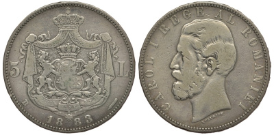 Румыния 5 лей 1883 B, Кароль I (1881-1914), надпись на гурте KM 17.1 серебро 4127-1124